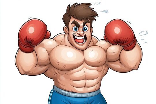a 2D cartoon illustration of a boxer throwing a punch, strong and intense, white background