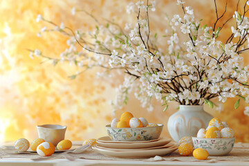 Easter table setting with warm, natural tones, handmade ceramic dishes, and a centerpiece featuring blooming branches.
