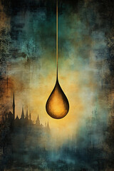 Golden drop pendant with castle silhouette on textured background in mystical ambiance