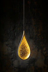 Elegant golden drop pendant light shining on dark textured background