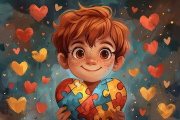 A boy holds a heart with puzzle pieces in his hands as a sign of solidarity with people suffering from autism spectrum disorders. World Autism Day. A friendly autistic child.The boy with the red hair