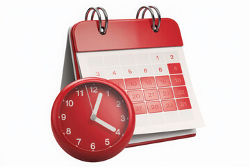 3d Red Calendar with clock icon on isolated purple background. Reminder notification or Time management concept. Website Ui design icon. Minimal 3d cartoon red calendar time zone icon. 3d render.