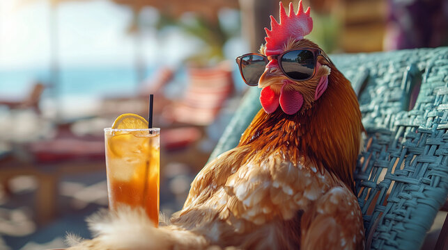 Funny Rooster in Sunglasses Relaxing on a Sun Lounger with a Cocktail at a Colorful Beach – Summer Vacation Theme with Space for Text