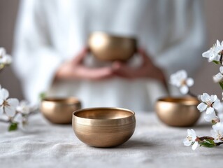 singing bowls on a table with spring blossoms