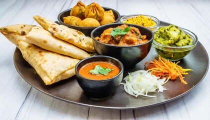 Assorted Indian Food Set – Chicken Curry, Samosas, Beef Curry, Chicken Tikka, Pani Puri, Chaat – Ramadan Food Collection Isolated on White Background