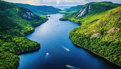 Aerial view of Canada during the summer, an aerial photograph of prominent green mountains surrounding a serene lake with trees and a blue sky