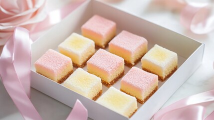 Miniature Battenberg cake bites, neatly arranged in a white box with pastel ribbon, perfect for an afternoon tea treat
