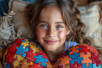 The sweet girl is smiling and holding a puzzle heart in her hands. World Autism Awareness Day.World Autism Recognition Day.