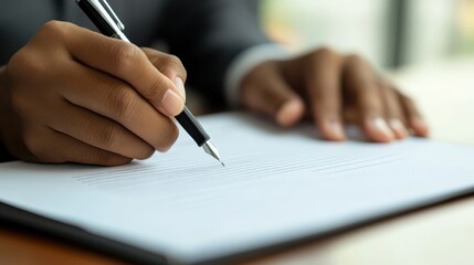 Naklejka premium A person is diligently writing on an important document while seated at a desk in a professional office environment during daylight hours