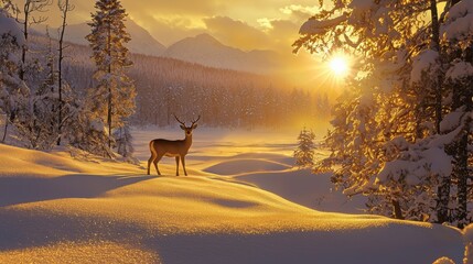 Silhouetted Deer in Snow at Dusk