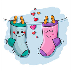 Two socks in love are hanging on a rope with clothespins. Vector illustration for postcards and greetings. Print for fabric and clothing.