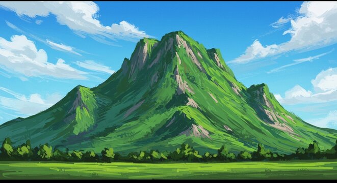 Green Mountain Peak Illustration Under Blue Sky with Clouds on Sunny Day