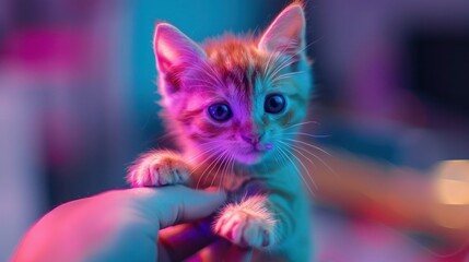 A colorful kitten high-definition photo standing on the tip of someone's finger, hyper-realistic, macro photography, vibrant colors, natural lighting, high resolution,
