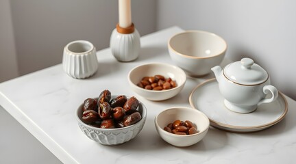 The image presents a minimalist arrangement of elegant ceramics with dates and nuts, creating a serene and inviting atmosphere for a casual yet festive gathering.  