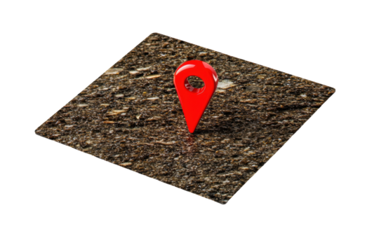 Red map pointer on textured surface for navigation, cut out