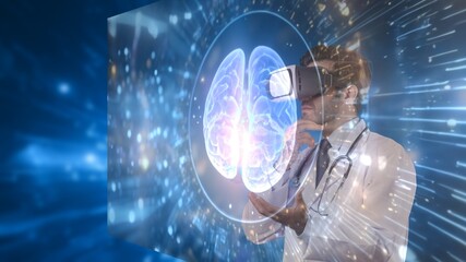 Smart doctor with VR glasses standing while looking and checking at brain hologram. Skilled medical worker diagnosis symptom while using virtual reality technology and analyzing symptom. Apparatus.