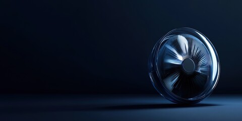 Photorealistic photograph of a table fan on an empty dark blue background, with strong lighting and shadows creating depth. 