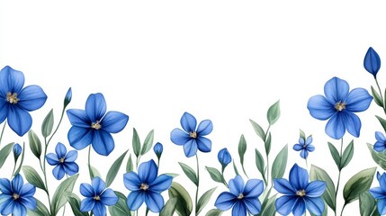 Obraz premium Blue Flower Border - Watercolor- blue flowers arranged in a border on a white background. Perfect for invitations, cards, and websites