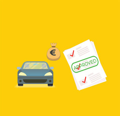 Car approved loan with automobile icon and euro sign