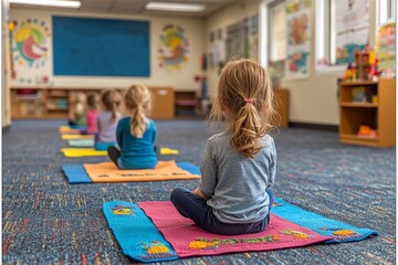 
"A child is doing yoga in the classroom, while the teacher leads the class through a series of stretches and poses. The room is calm and peaceful."

