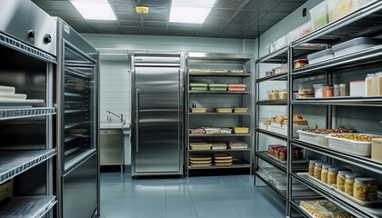 Stonehill psychiatric facility kitchen, stainless steel shelves and freezer with food items on them, industrial-style ceiling, modern design of the room. 