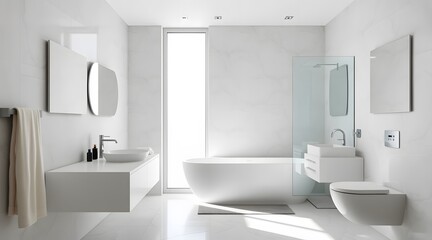 The image depicts a modern, minimalistic bathroom featuring a sleek tub, elegant fixtures, and abundant natural light, creating a fresh and relaxing atmosphere.  