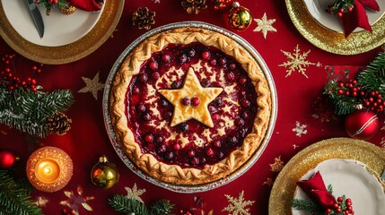 Christmas-themed pie and mash, with a festive cranberry glaze on the pie and a star-shaped mash design, placed on a red and gold holiday table