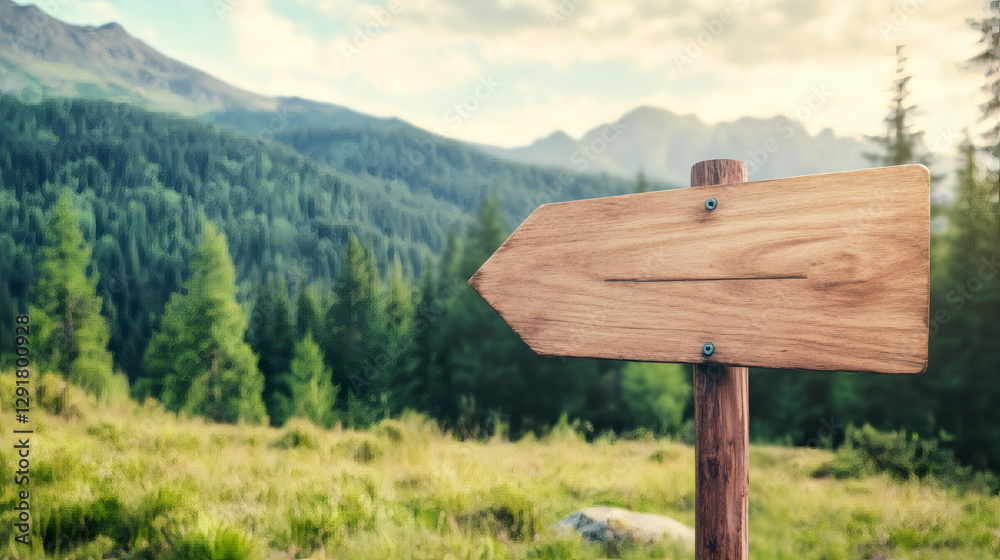 Poster weathered wooden signpost directing path through misty pine forest, inviting personalization for tra