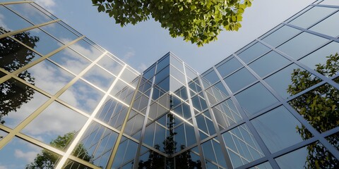 "Modern Glass Building with Gold and Silver Accents, Angular Structure, Reflective Panels Mirroring Sky and Trees, Contrasting with Lush Green Canopy and Clear Blue Sky"