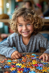  A curly-haired boy smiles and puts together a puzzle, a cozy atmosphere of kindness. World Autism Awareness Day.World Autism Recognition Day.