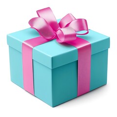 Blue gift box tied with pink ribbon, isolated on white background, for celebrations