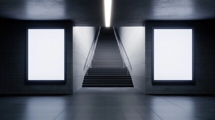 underground staircase with blank billboards