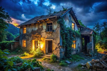 Obraz premium War's shadow lingers; a village crumbles, poverty etched on ravaged faces. Economic ruin unfolds in nightfall's gloom.