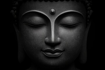 Dark stone Buddha face with serene expression captured in minimal lighting