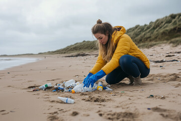 Eco-conscious woman in blue gloves collects plastic waste on sandy beach
