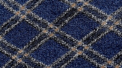 Blue plaid textile close-up, diagonal for fabric sample/design & apparel texture with neutral-toned details