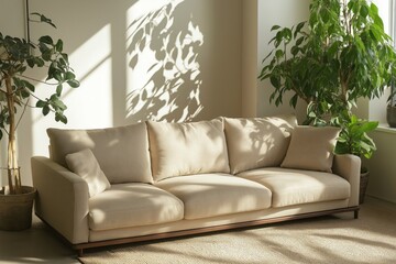 Minimalist beige sofa in a bright Scandinavian-style interior with indoor plants and natural wood furniture.