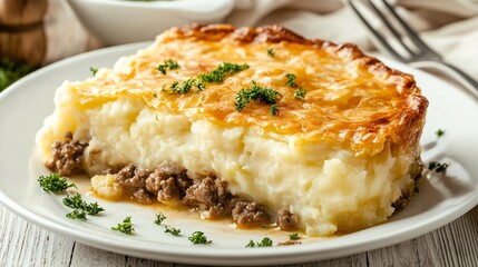 Golden-brown meat pie with creamy mashed potatoes, served on a traditional white plate with a drizzle of green parsley liquor sauce