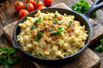 Käsespätzle. A thick, savoury mass of soft yellow spätzle dumplings covered with melted melted cheese. On top is a golden, slightly crispy crust of baked cheese. Additionally sprinkled with fried onio