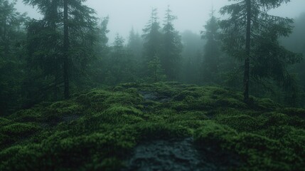 Obraz premium Misty mountain forest moss, rain, scenic view, nature background