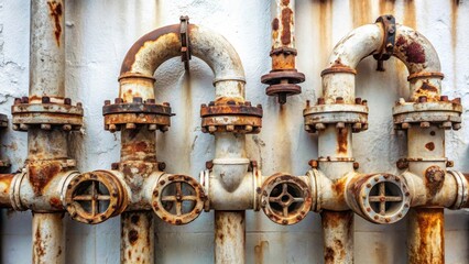 Aged Industrial Piping System A Detailed Close-Up of Rusted Metalwork and Aged Valves on a Weathered Surface