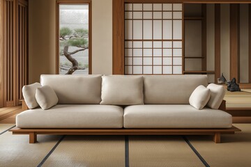 Neutral-toned sofa in a Japandi-style living room with tatami mats and wooden details.