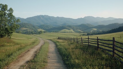 Naklejka premium Country Road Winding Through Lush Valley at Dawn