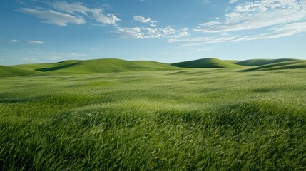 Obraz premium A vast, green grassy field under a bright blue sky, gently swaying in the wind
