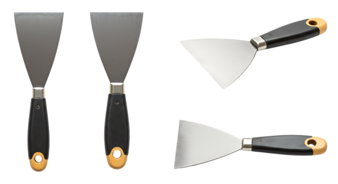 Assortment of Putty Knives with Black Handles on Black Background