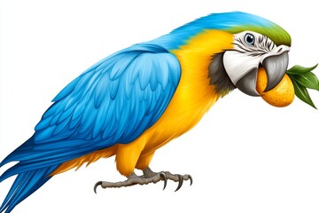 Fototapeta premium a 2D cartoon illustration of a parrot eating fruit, colorful and playful, white background