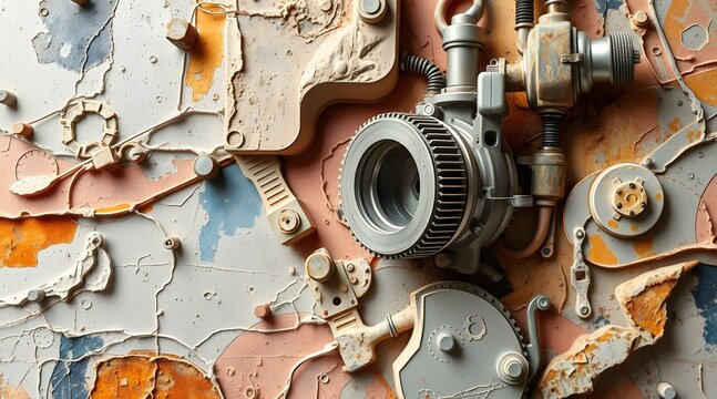 An intricate close-up of mechanical components showcases a blend of rust and color on a textured surface, highlighting the beauty of industrial design and vintage machinery.  