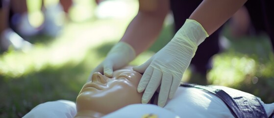 Gloved hands practice CPR on a mannequin in a sunlit grassy area, focusing on life-saving skills and learning.