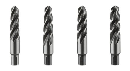 Close-up of Four New Metal Drill Bits with Twisted Design