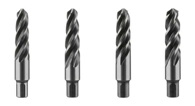 Close-up of Four New Metal Drill Bits with Twisted Design